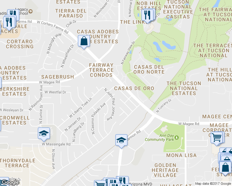 map of restaurants, bars, coffee shops, grocery stores, and more near 7950 North Casimir Pulaski Avenue in Tucson