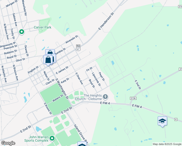 map of restaurants, bars, coffee shops, grocery stores, and more near 206 Lipscomb Street in Cleburne