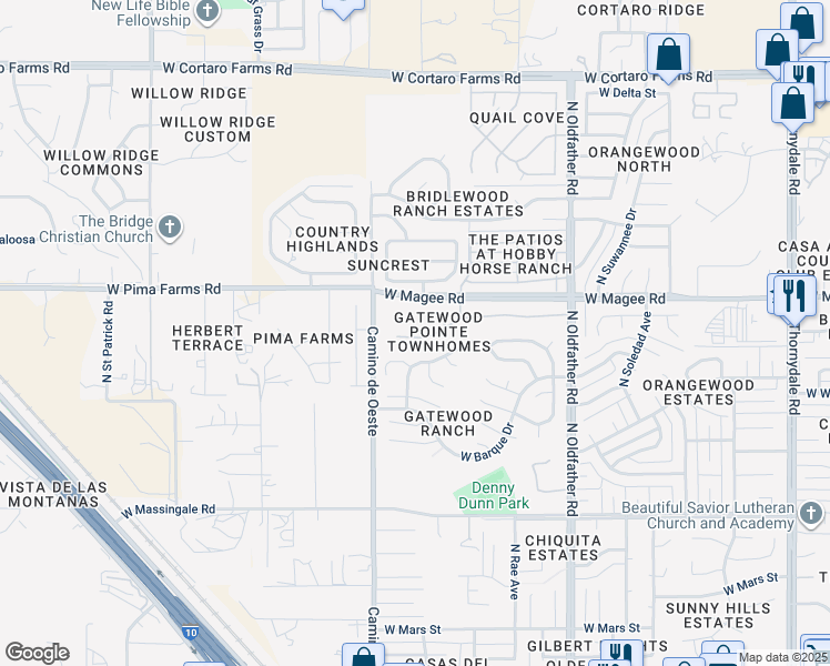 map of restaurants, bars, coffee shops, grocery stores, and more near 4500 West Pyracantha Drive in Tucson