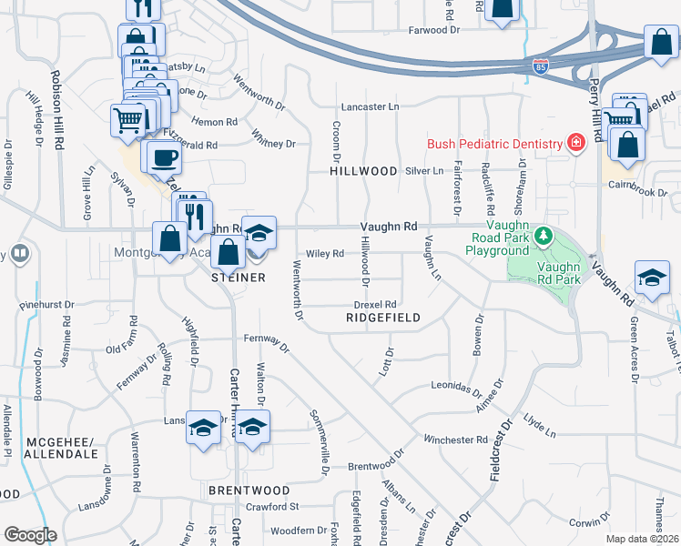 map of restaurants, bars, coffee shops, grocery stores, and more near 3339 Ridgefield Drive in Montgomery