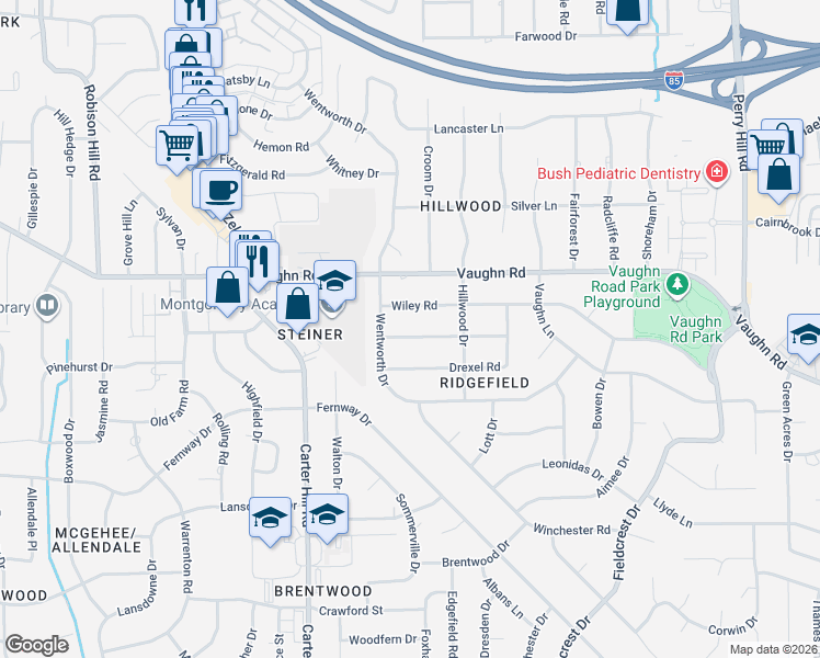 map of restaurants, bars, coffee shops, grocery stores, and more near 3309 Ridgefield Drive in Montgomery