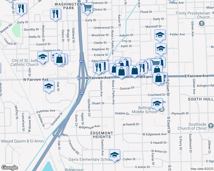 map of restaurants, bars, coffee shops, grocery stores, and more near 3050 Rosa L Parks Avenue in Montgomery