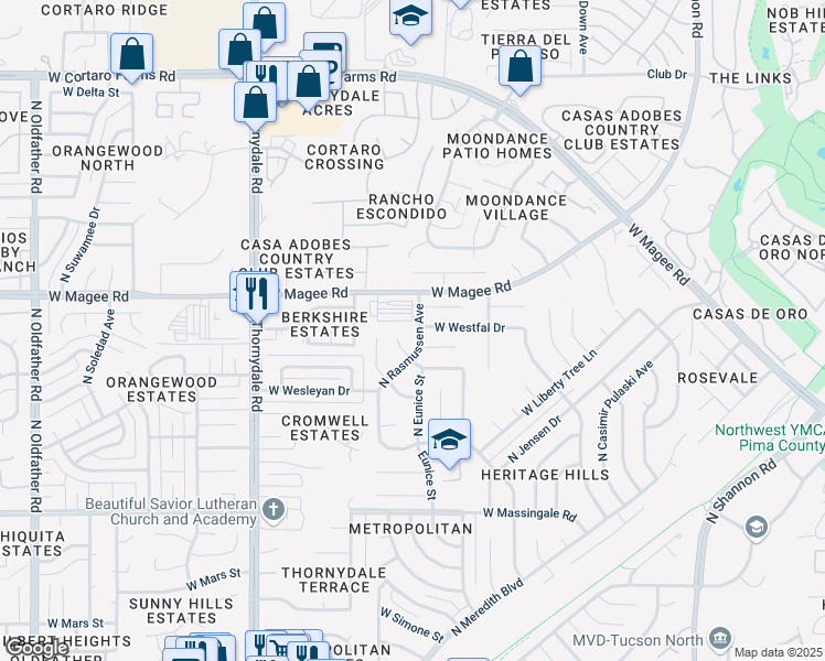 map of restaurants, bars, coffee shops, grocery stores, and more near 7921 North Rasmussen Avenue in Tucson