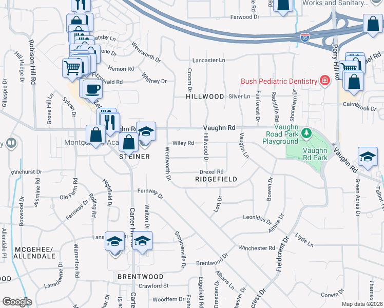 map of restaurants, bars, coffee shops, grocery stores, and more near 3339 Ridgefield Drive in Montgomery