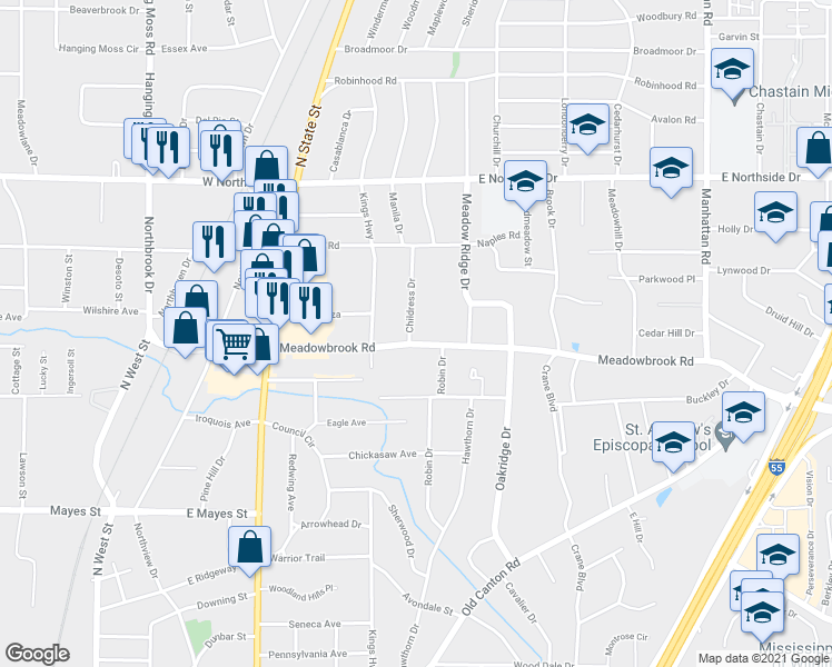 map of restaurants, bars, coffee shops, grocery stores, and more near 606 Meadowbrook Road in Jackson