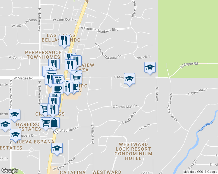 map of restaurants, bars, coffee shops, grocery stores, and more near 7921 North Royal Court in Tucson