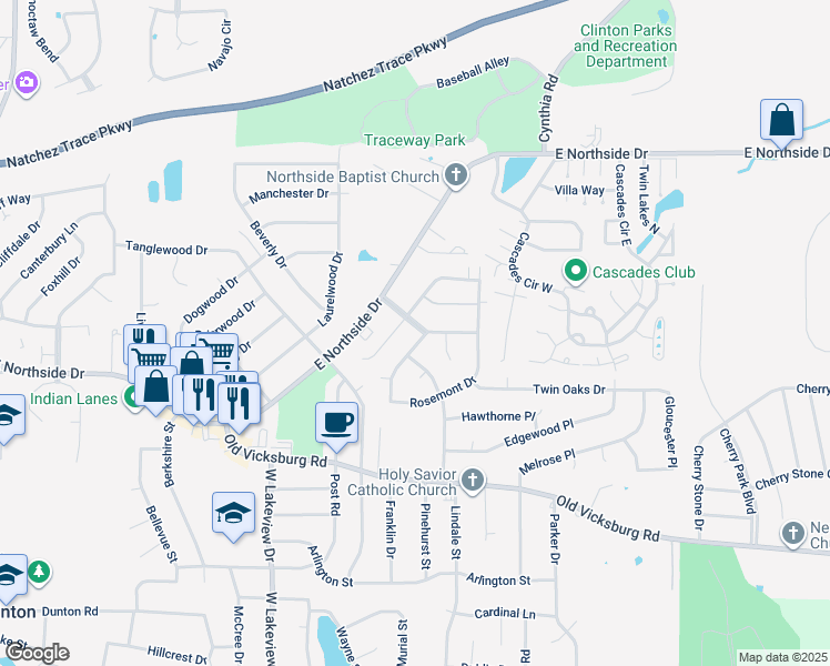 map of restaurants, bars, coffee shops, grocery stores, and more near 1300 Rosemont Drive in Clinton