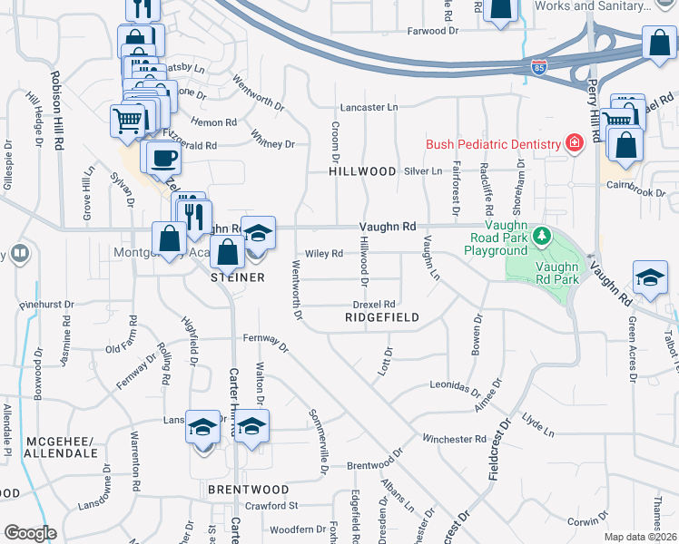 map of restaurants, bars, coffee shops, grocery stores, and more near 3339 Ridgefield Drive in Montgomery