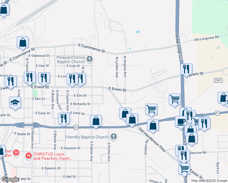 map of restaurants, bars, coffee shops, grocery stores, and more near 1840-1998 Old Henderson Highway in Tyler