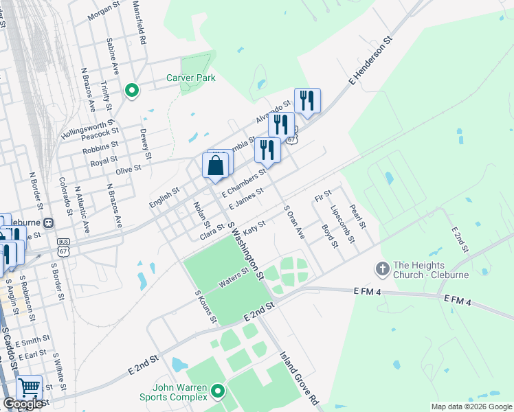 map of restaurants, bars, coffee shops, grocery stores, and more near 308 Lewis Street in Cleburne