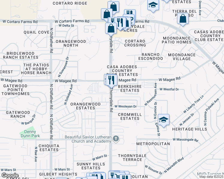 map of restaurants, bars, coffee shops, grocery stores, and more near 7960 North Thornydale Road in Tucson
