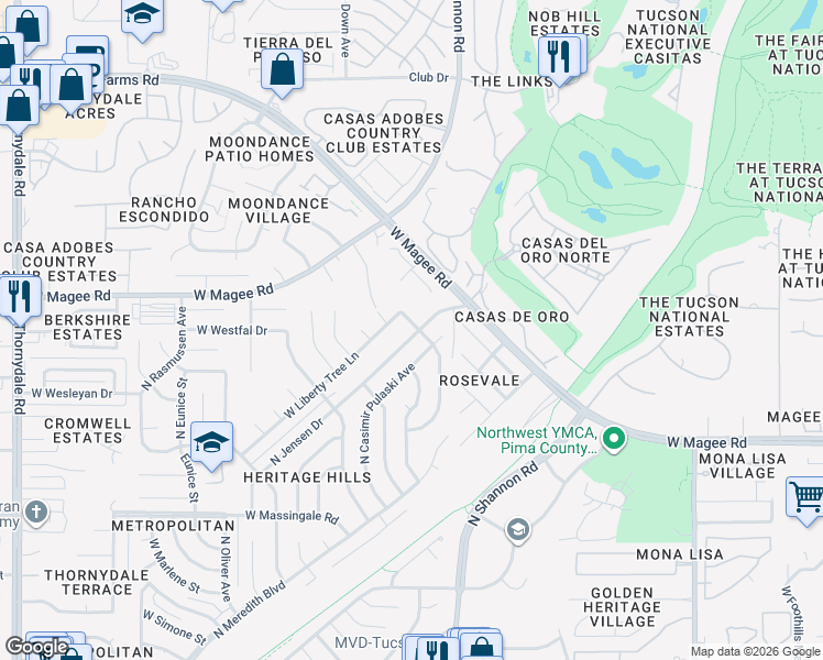 map of restaurants, bars, coffee shops, grocery stores, and more near 7931 North Jensen Drive in Tucson
