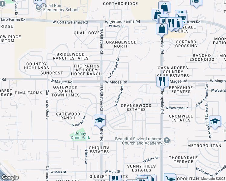 map of restaurants, bars, coffee shops, grocery stores, and more near 4171 West Pyracantha Circle in Tucson