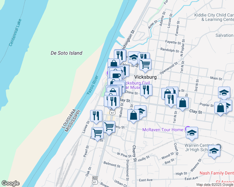 map of restaurants, bars, coffee shops, grocery stores, and more near 1211 Washington Street in Vicksburg