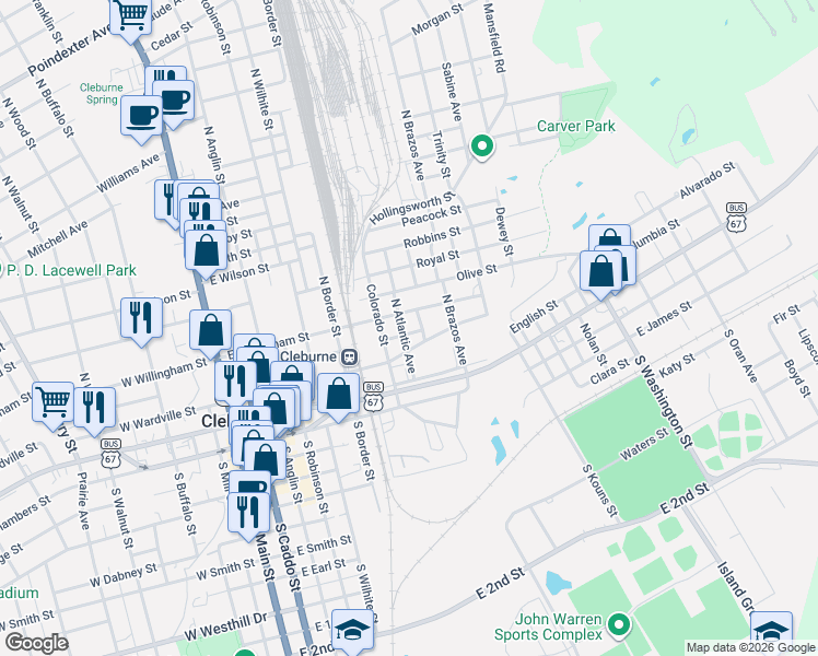 map of restaurants, bars, coffee shops, grocery stores, and more near 729 East Brown Street in Cleburne