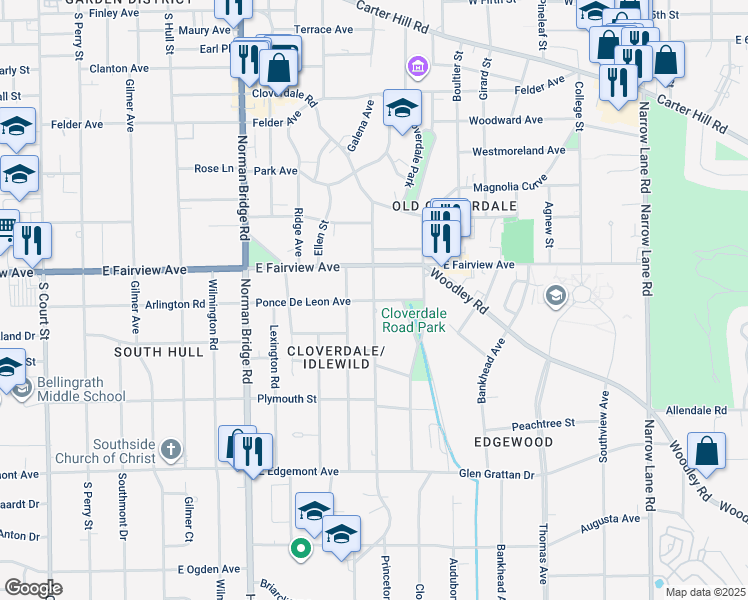 map of restaurants, bars, coffee shops, grocery stores, and more near 800 Ponce De Leon Avenue in Montgomery