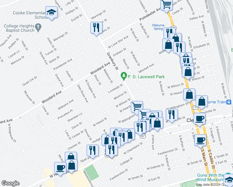 map of restaurants, bars, coffee shops, grocery stores, and more near 203 Madison Street in Cleburne
