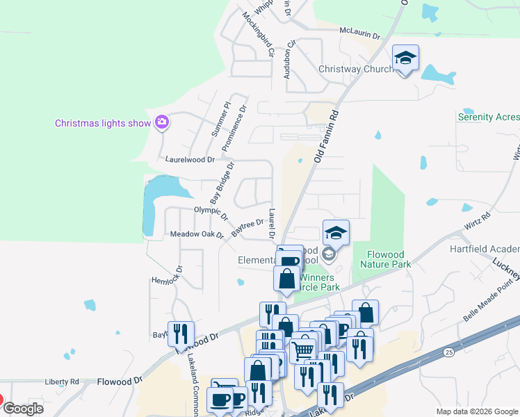 map of restaurants, bars, coffee shops, grocery stores, and more near 140 Williams Circle in Flowood