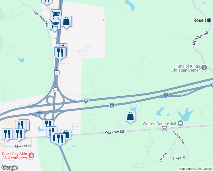 map of restaurants, bars, coffee shops, grocery stores, and more near 45 Reed Wilson Road in Vicksburg
