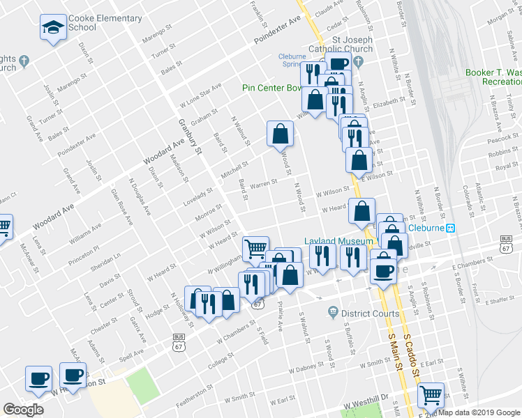 map of restaurants, bars, coffee shops, grocery stores, and more near 406 West Wilson Street in Cleburne
