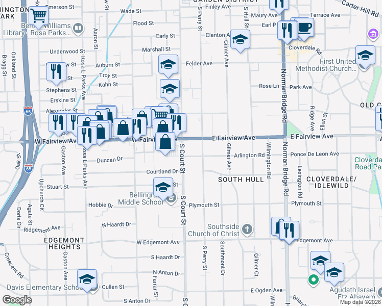 map of restaurants, bars, coffee shops, grocery stores, and more near 42 Arlington Road in Montgomery