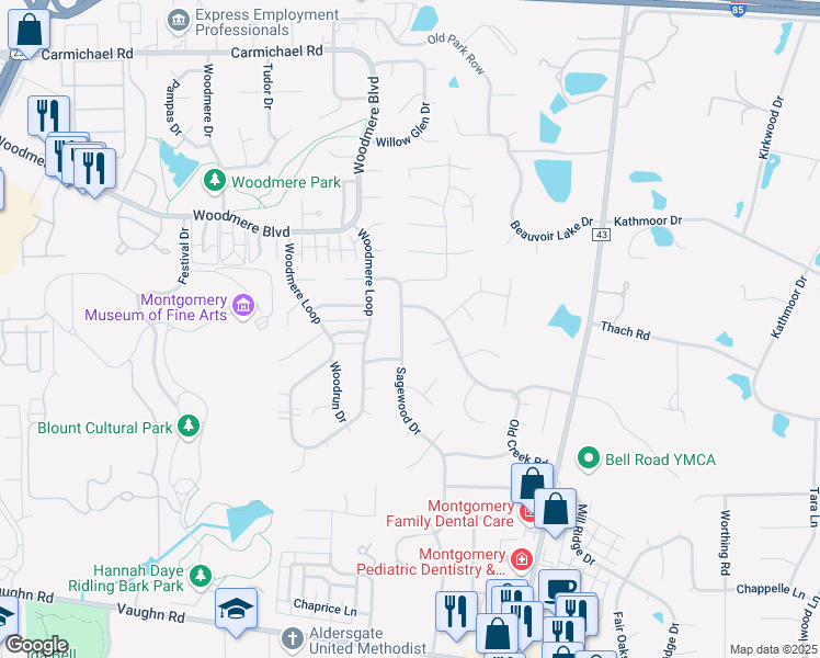 map of restaurants, bars, coffee shops, grocery stores, and more near 2216 Sagewood Drive in Montgomery