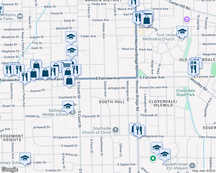 map of restaurants, bars, coffee shops, grocery stores, and more near 3105 Gilmer Avenue in Montgomery