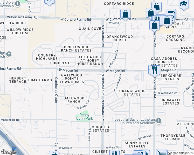 map of restaurants, bars, coffee shops, grocery stores, and more near 7906 North Roundstone Drive in Tucson