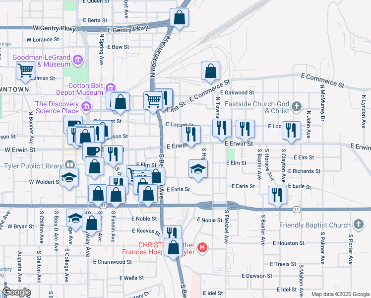 map of restaurants, bars, coffee shops, grocery stores, and more near 809 East Erwin Street in Tyler