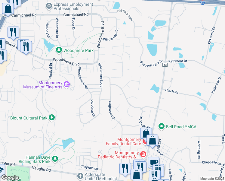 map of restaurants, bars, coffee shops, grocery stores, and more near 2216 Sagewood Drive in Montgomery
