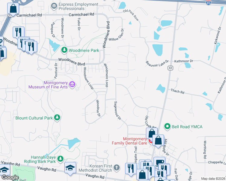 map of restaurants, bars, coffee shops, grocery stores, and more near 2216 Sagewood Drive in Montgomery
