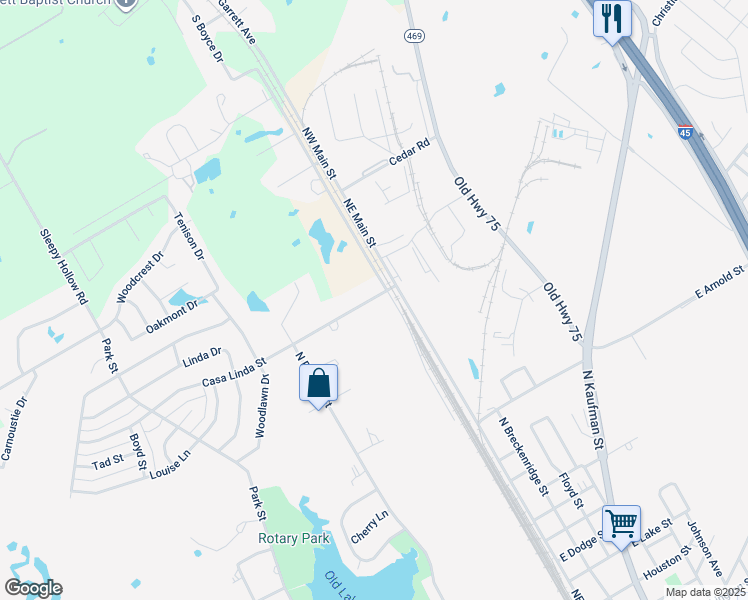 map of restaurants, bars, coffee shops, grocery stores, and more near 109 Casa Linda Street in Ennis