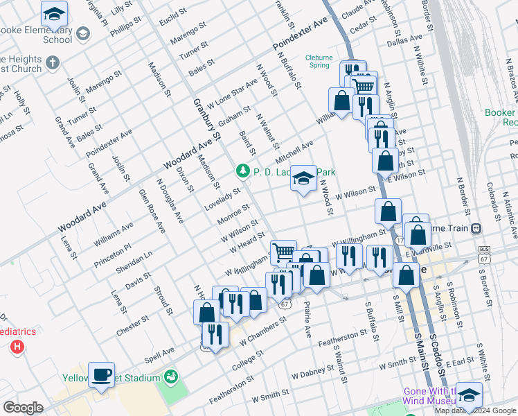 map of restaurants, bars, coffee shops, grocery stores, and more near 419 West Wilson Street in Cleburne
