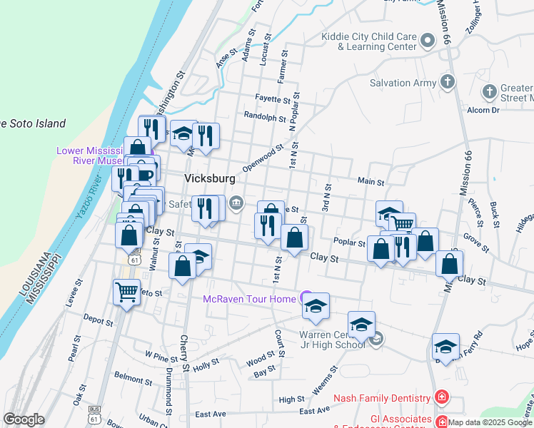map of restaurants, bars, coffee shops, grocery stores, and more near 1300 Grove Street in Vicksburg