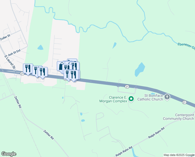 map of restaurants, bars, coffee shops, grocery stores, and more near 1569 Georgia 21 in Springfield