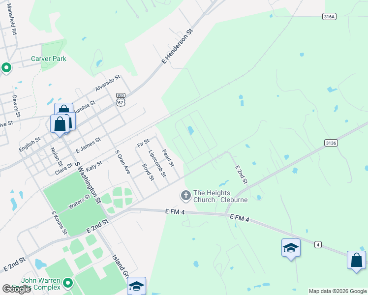 map of restaurants, bars, coffee shops, grocery stores, and more near 222 Pearl Street in Cleburne