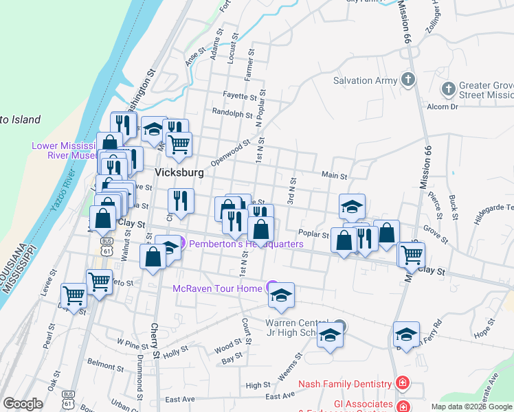 map of restaurants, bars, coffee shops, grocery stores, and more near 1113 1st North Street in Vicksburg