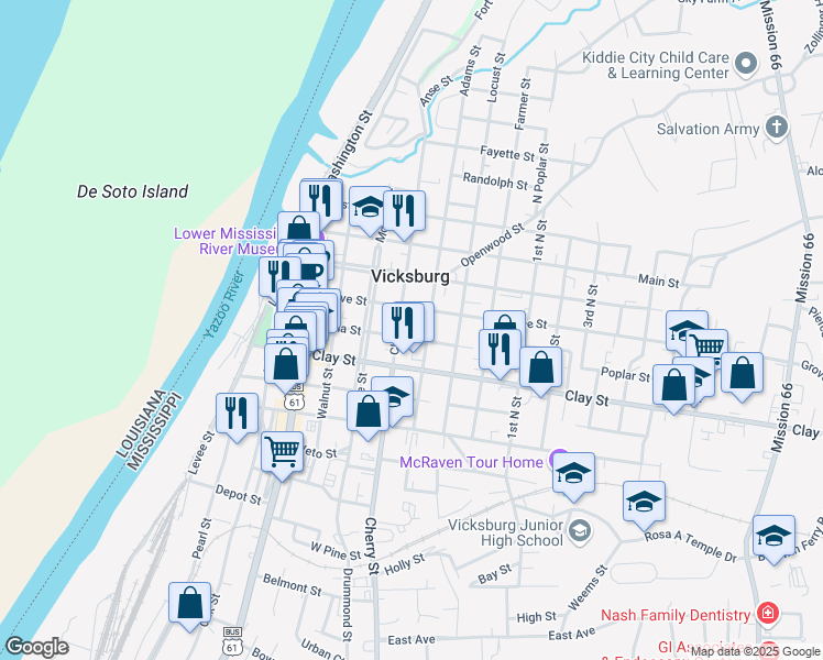 map of restaurants, bars, coffee shops, grocery stores, and more near 1117 Cherry Street in Vicksburg
