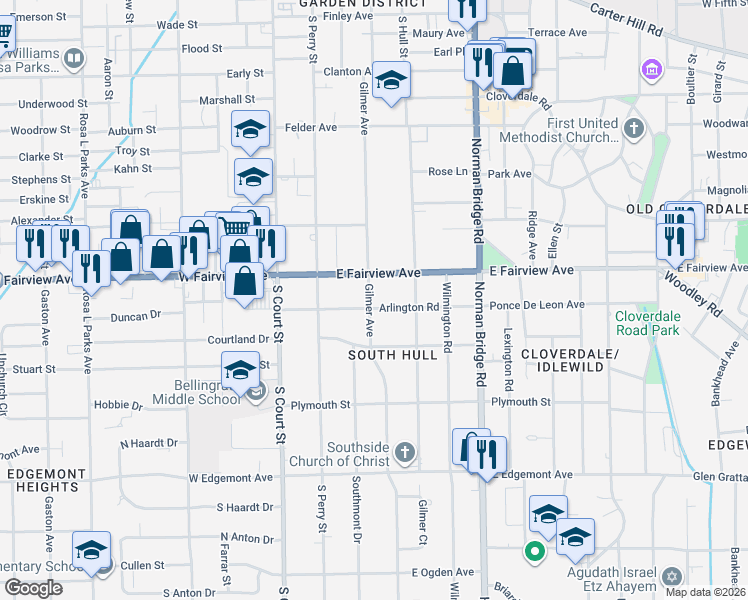 map of restaurants, bars, coffee shops, grocery stores, and more near 3105 Gilmer Avenue in Montgomery