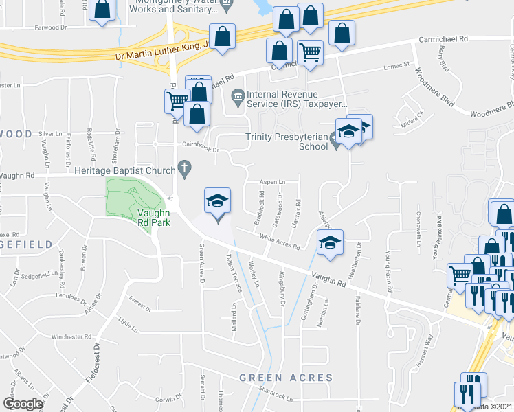 map of restaurants, bars, coffee shops, grocery stores, and more near 1828 Braddock Road in Montgomery
