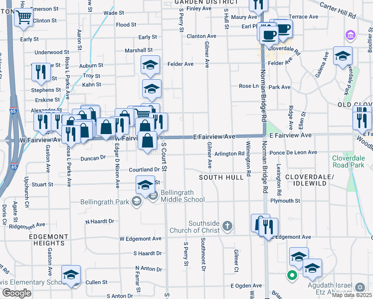 map of restaurants, bars, coffee shops, grocery stores, and more near 105 Arlington Road in Montgomery