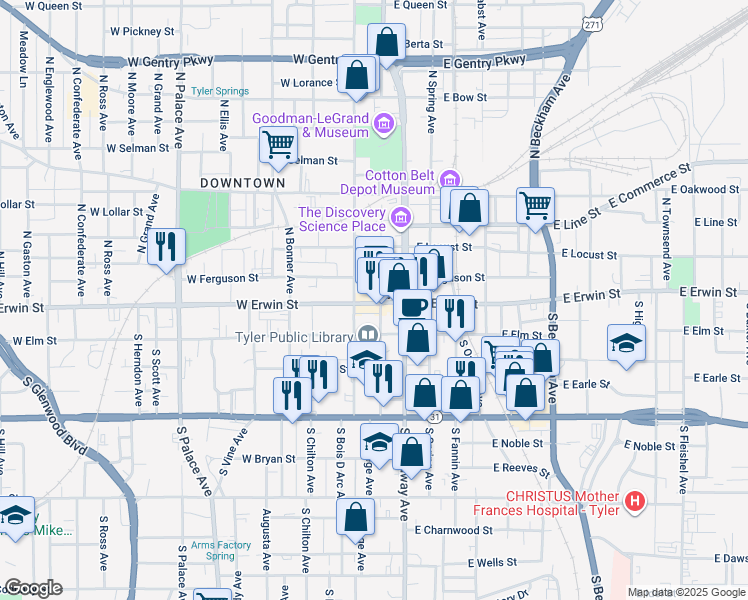 map of restaurants, bars, coffee shops, grocery stores, and more near 218 West Erwin Street in Tyler