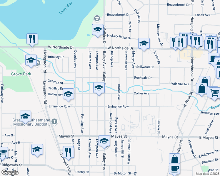 map of restaurants, bars, coffee shops, grocery stores, and more near 3603 Bishop Avenue in Jackson