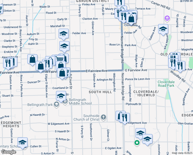 map of restaurants, bars, coffee shops, grocery stores, and more near 3105 Gilmer Avenue in Montgomery