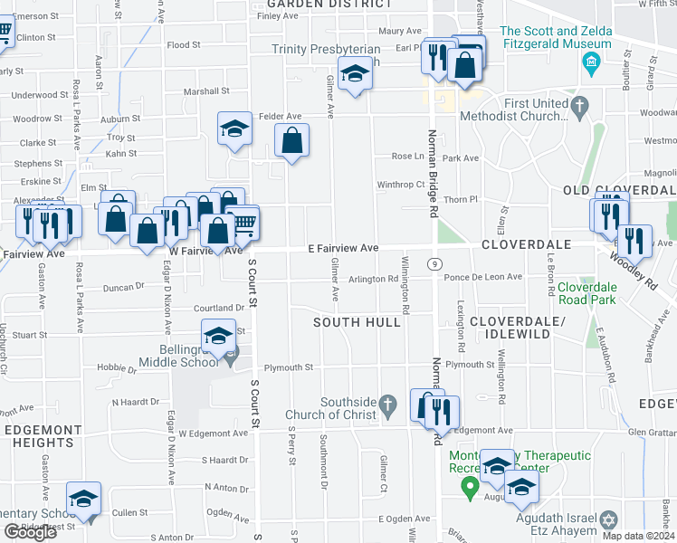 map of restaurants, bars, coffee shops, grocery stores, and more near 3105 Gilmer Avenue in Montgomery