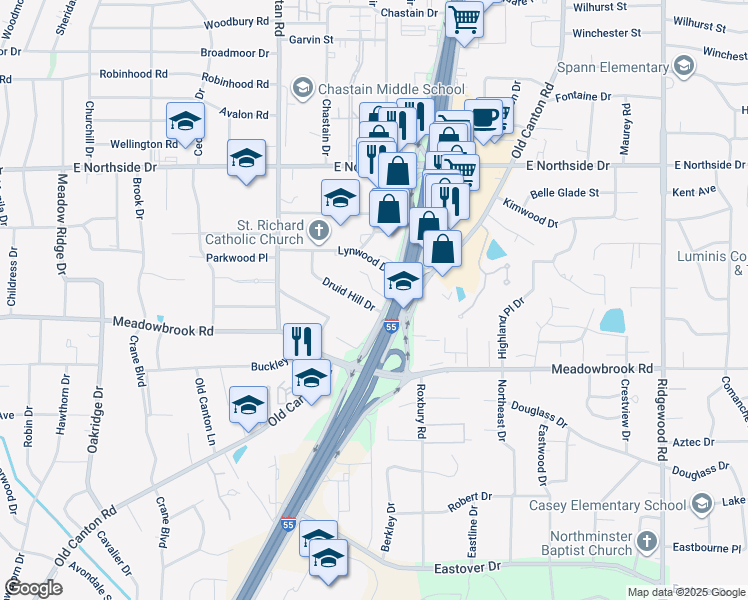 map of restaurants, bars, coffee shops, grocery stores, and more near 1177-1299 Druid Hill Dr in Jackson