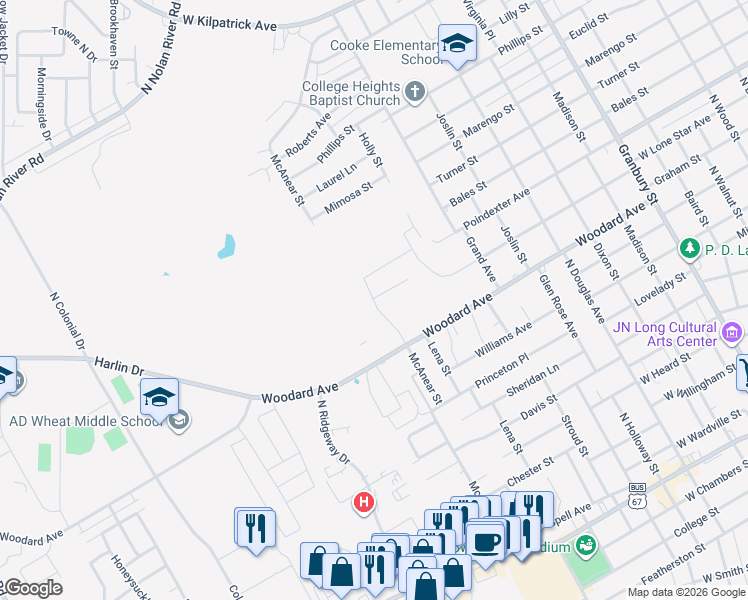 map of restaurants, bars, coffee shops, grocery stores, and more near 814 McAnear Street in Cleburne