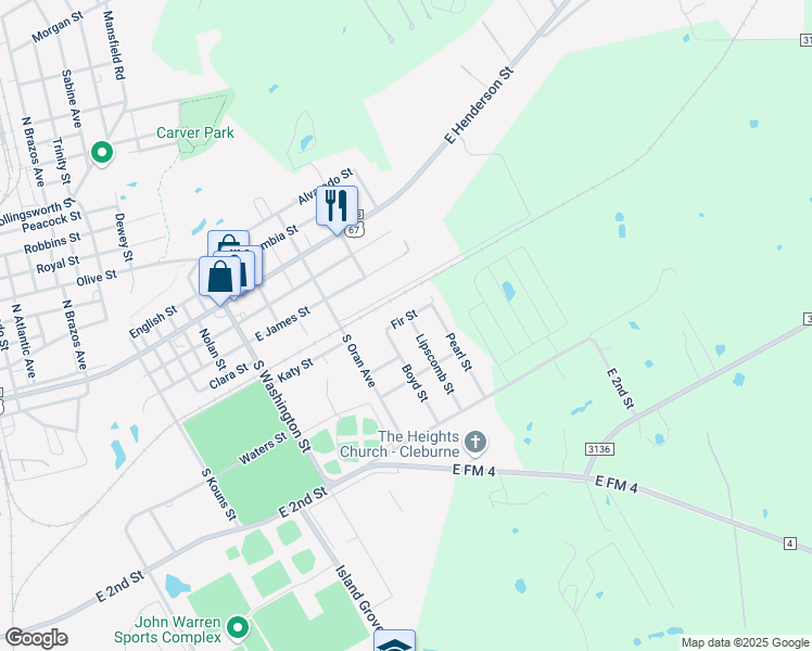 map of restaurants, bars, coffee shops, grocery stores, and more near 206 Lipscomb Street in Cleburne