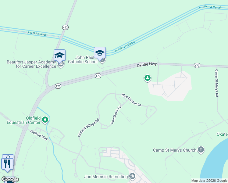 map of restaurants, bars, coffee shops, grocery stores, and more near 48 Oldfield Village Road in Bluffton