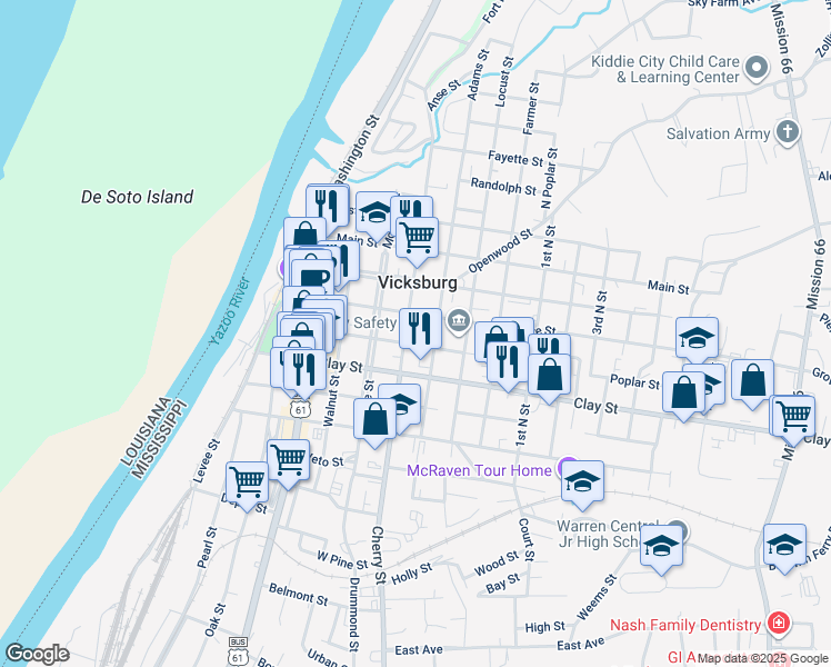 map of restaurants, bars, coffee shops, grocery stores, and more near 1117 Cherry Street in Vicksburg